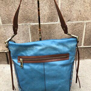 Vintage HOBO Square Shoulder Purse Hand Bag Blue Zipper Leather Designer